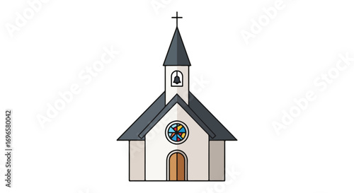 Charming cartoon church illustration featuring a steeple, bell, and stained glass window, portraying a simple and spiritual design