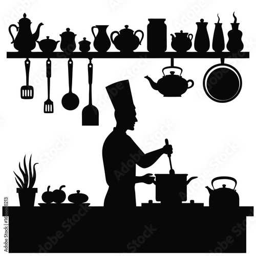 Chef cooking in kitchen silhouette with pots and utensils