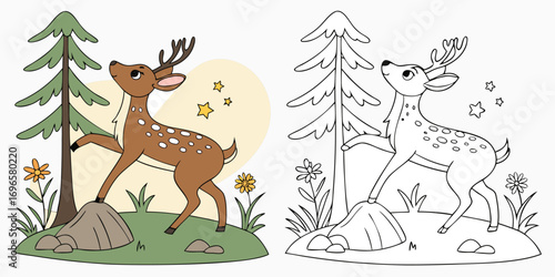 Cute deer and wild forest animals in the winter woods, a simple cartoon illustration