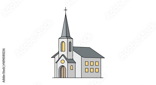 Illustration of a quaint church building with a steeple and cross against a white backdrop, perfect for religious themed design projects and artworks