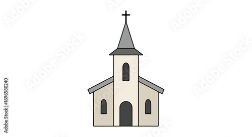 Stylized illustration of a quaint church building with a simple design and clear lines and a white background, perfect for iconography