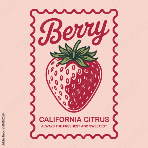 Vintage strawberry fruit emblem in a retro postage stamp design. Vector illustration of a sweet berry for a food label