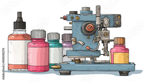Vintage Microtome and Colorful Bottles of Stain Solution for Histology and Cytology Research