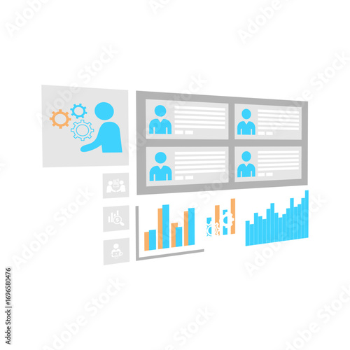 Flat design infographic with charts and people icons looking right-angled