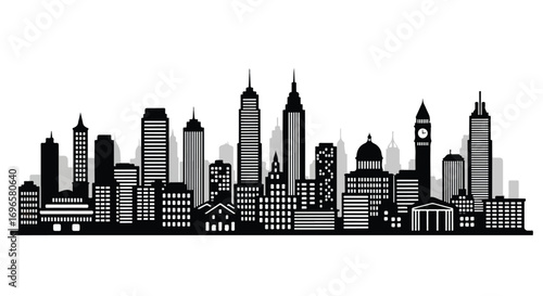 Monochrome metropolis: A vector silhouette of a bustling urban landscape under clear skies, capturing the essence of city life