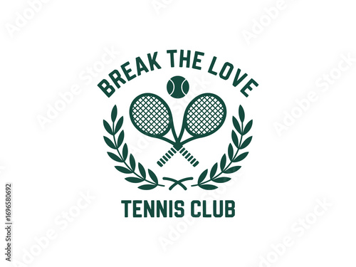 Vintage tennis club logo template with crossed rackets and laurel wreath. Sports emblem vector illustration for tournament or competition