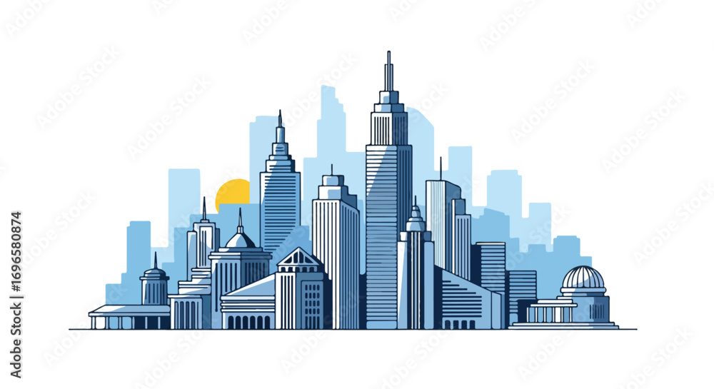 Naklejka premium Illustrated cityscape silhouette against a serene sky, depicting urban architecture with modern buildings and subtle sunlight creating a harmonious