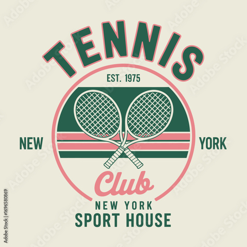 Retro tennis club emblem with crossed rackets and circular badge. A vintage-inspired sports logo vector graphic for athletic apparel print