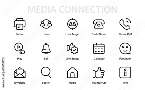 Minimal modern professional line icon collection for social media showcasing vector outline symbols of interaction, sharing, posting, and digital engagement