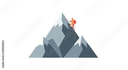 Graphic illustration showcasing a mountaineer ascending a jagged gray mountain with snow capped peaks signifying challenge and achievement