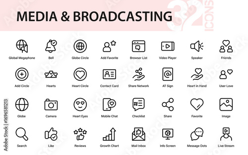 Social engagement media and broadcasting professional modern line icon collection with creative outline vector designs of likes, comments, shares, followers, and connections