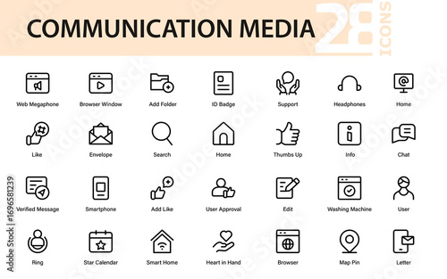 Digital communication professional line icon pack featuring modern vector outline designs of chatting, messaging, calls, notifications, and social connections