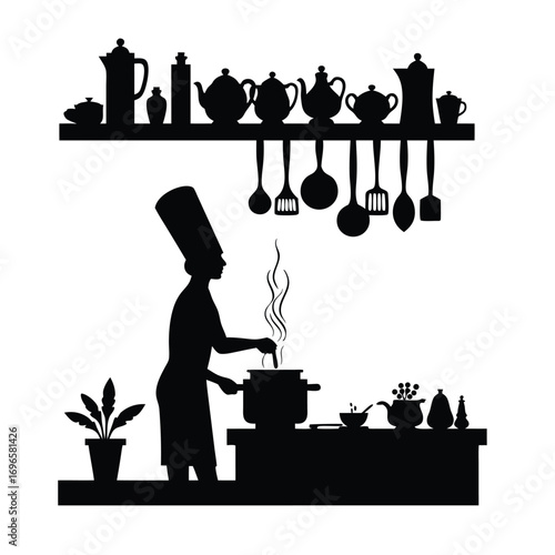 Chef cooking in kitchen with steam and assorted cookware