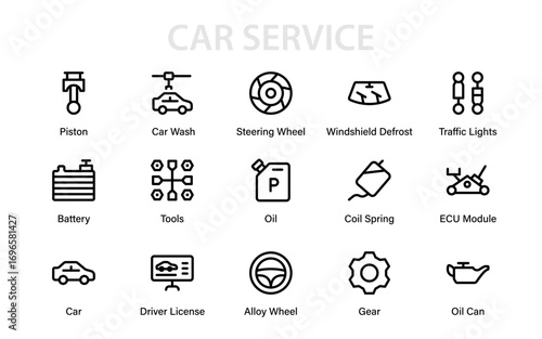 Professional Vehicle Maintenance Line Icon Set. Modern Car Service, Garage Tools, Repair Equipment, and Automotive Engine Vector Collection