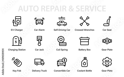Modern Automotive Service Line Icon Collection. Professional Car Repair, Vehicle Tools, Garage Equipment, and Engine Maintenance Vector Pack