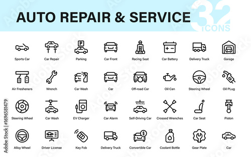 Auto Repair Line Icon Pack. Professional Vehicle Service, Garage Equipment, Automotive Tools, and Engine Maintenance Vector Collection