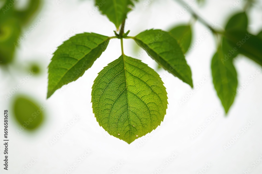 Fototapeta premium Fresh green foliage against a clean white backdrop, soft-focused background, natural and healthy elements, isolated spring leaf, garden produce