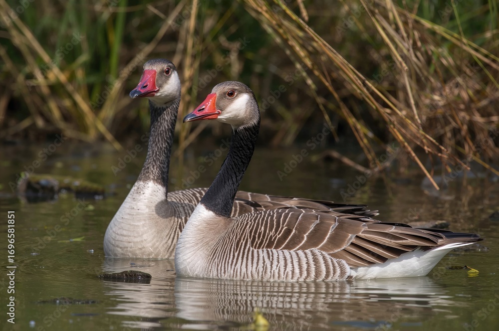 Fototapeta premium Wild Greylag Goose in a Protected Wetland Area