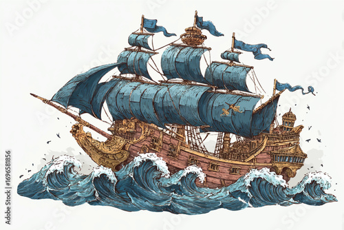 Vintage Sailboat navigating rough seas with majestic sails blowing in the wind a timeless adventure illustration