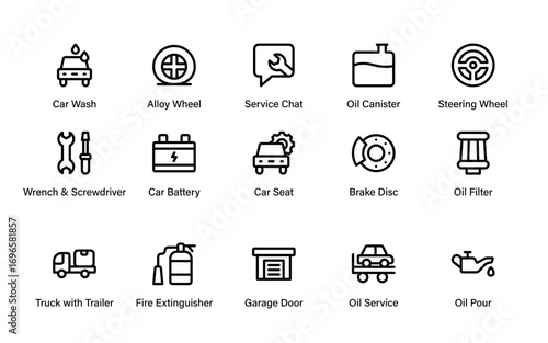 Professional Car Repair Service Line Icon Collection. Modern Garage Tools, Auto Maintenance, Mechanic Work, and Minimal Vehicle Vector Pack