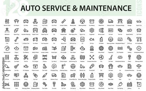 Professional Auto and Car Service Line Icon Set. Modern Automotive Repair, Maintenance, Garage Tools, and Vehicle Care Minimal Vector Collection