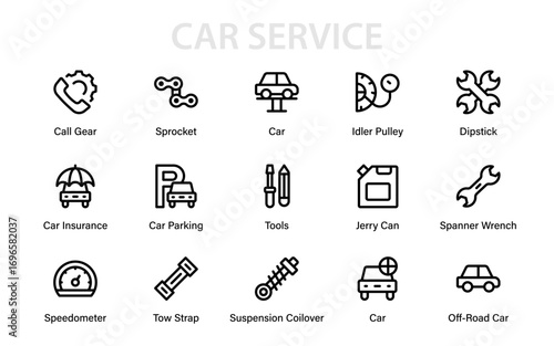 Modern Car Repair Service Line Icon Collection. Professional Automotive Fix, Garage Equipment, Vehicle Maintenance, and Minimal Vector Pack
