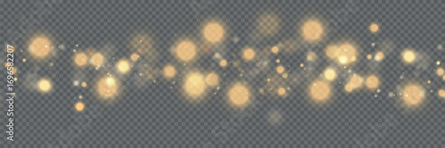 Magical golden cloud of glitter dust. Fine, shiny bokeh glitter particles and fine bright dust. Christmas golden glow effect on transparent PNG background.