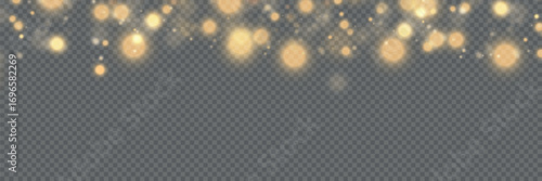 Magical golden cloud of glitter dust. Fine, shiny bokeh glitter particles and fine bright dust. Christmas golden glow effect on transparent PNG background.