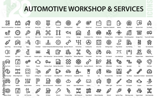 Automotive Maintenance and Car Repair Service Line Icon Set. Modern , Vehicle Fix, Garage Tools, and Minimal Mechanic Vector Collection