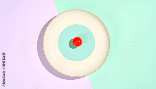 A single red cherry tomato sits centered on a decorative plate, colorful background.