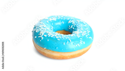 A single glazed donut with bright blue icing and shredded coconut sprinkles, isolated on a white background.