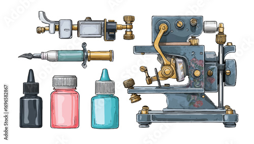 Vintage Tattoo Equipment and Ink Bottles Isolated on White Background Professional Tattooing Tools Illustration
