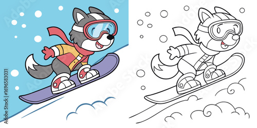 Cute animals and a funny cat snowboard and ski in a cartoon winter illustration, perfect for a fun Christmas holiday