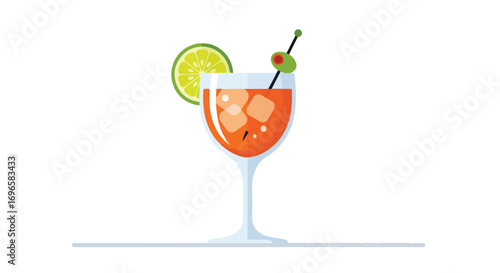 Illustrative cocktail featuring orange drink, ice cubes, lime slice, and olive on a minimalist background
