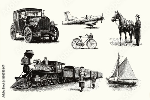 Vintage transportation vector illustration showcasing a car airplane bicycle horse train and sailboat in old style