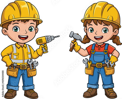 Cartoon boy and girl construction workers, wearing helmets, holding tools, smiling, kids in builder outfits, construction illustration, DIY tools.