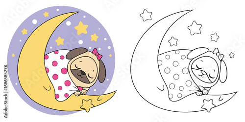 Cute pug sleeping on a crescent moon with stars image