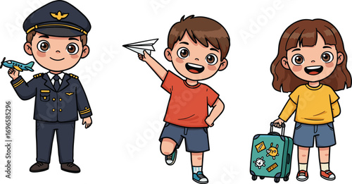 Children dressed as pilot, boy playing with paper plane, girl holding suitcase, kids imaginative play, travel and adventure, childhood fun, playfu