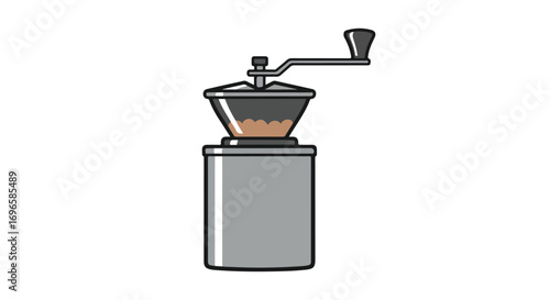 Detailed vector illustration showcasing a manual burr coffee grinder on a pristine white background demonstrating precision and artistry in