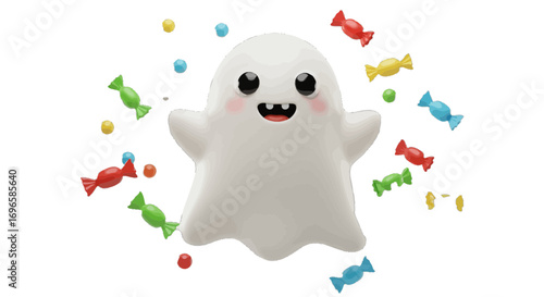 Cute ghost with candy halloween illustration spooky season sweets trick or treat festive celebration design on transparent background