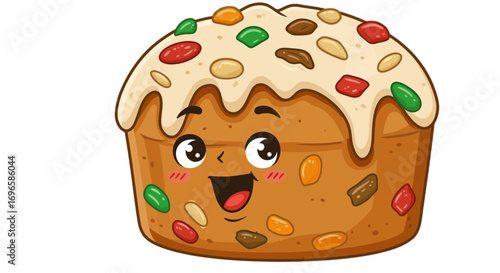 Cute fruitcake cartoon character with icing and candied fruits delicious holiday treat tasty dessert on transparent background
