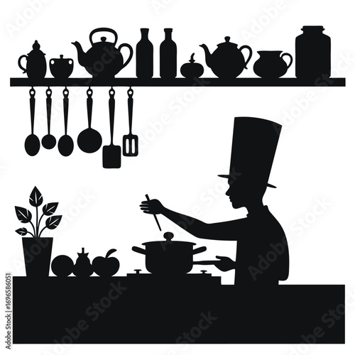 Chef in tall hat cooking with steam and kitchenware on shelf