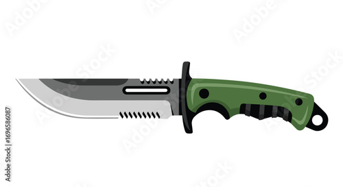 Digital Illustration of a Green Handled Survival Knife on White, Designed for Outdoor Activities and Adventures