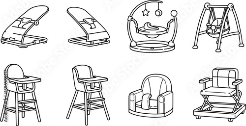 Collection of essential baby furniture and gear for feeding, sleeping, and playing