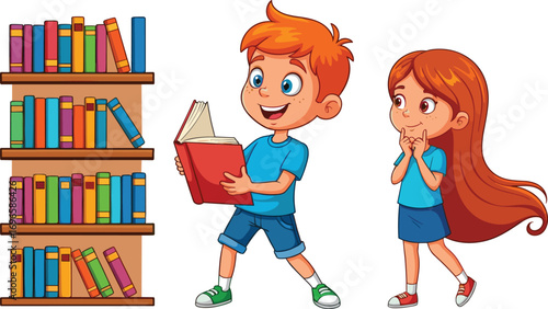 Kids reading books, children learning in library, cartoon kids with books, education and knowledge, happy children reading, colorful bookshelf