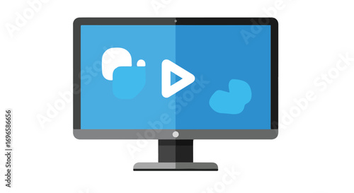 Modern desktop computer showcasing engaging multimedia content with play button and abstract graphics for digital creative projects