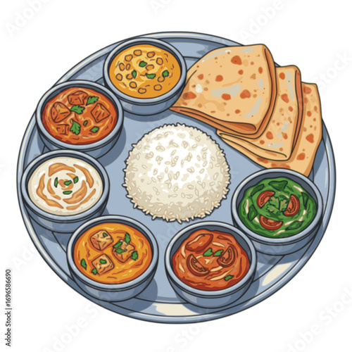 A beautifully illustrated traditional Indian thali, showcasing a diverse spread of authentic curries, steamed rice, and fresh flatbread