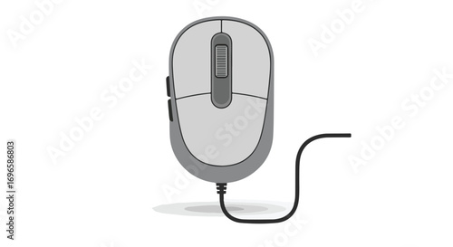 Illustration of a wired computer mouse with scroll wheel isolated on a white background depicting technology and computing peripherals in clean
