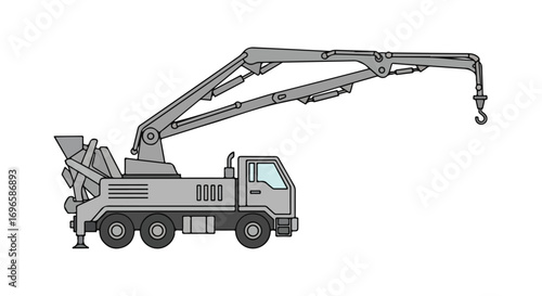 Illustration of a telescopic boom crane truck, equipment used in construction sites or industrial settings for lifting and moving heavy materials in
