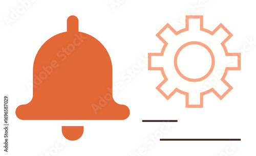 Orange bell icon with adjacent gear symbol and horizontal lines suggest notifications, system configurations, updates. Ideal for settings, alerts, UX, technology, reminders, processes simple flat